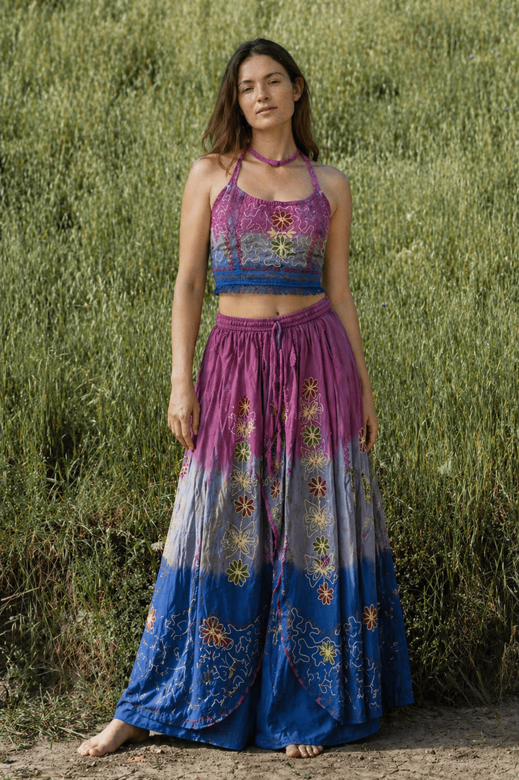 Handmade Botanical Tie - Dye Boho Embroidered Cotton Silk Set – Fairy Cami Top & Skirts（Sunfade）） - MYSILVERWIND