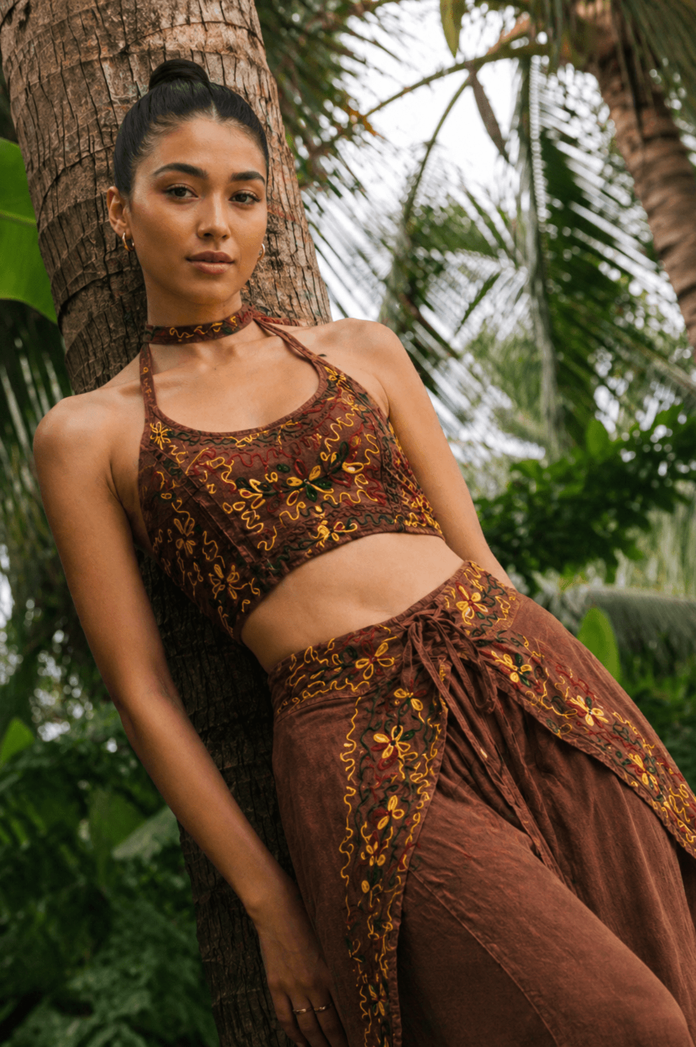 Handmade Botanical Tie - Dye Boho Embroidered Cotton Silk Set – Fairy Cami Top & Wide Leg Pants Summer Outfit (Coffee） - MYSILVERWIND