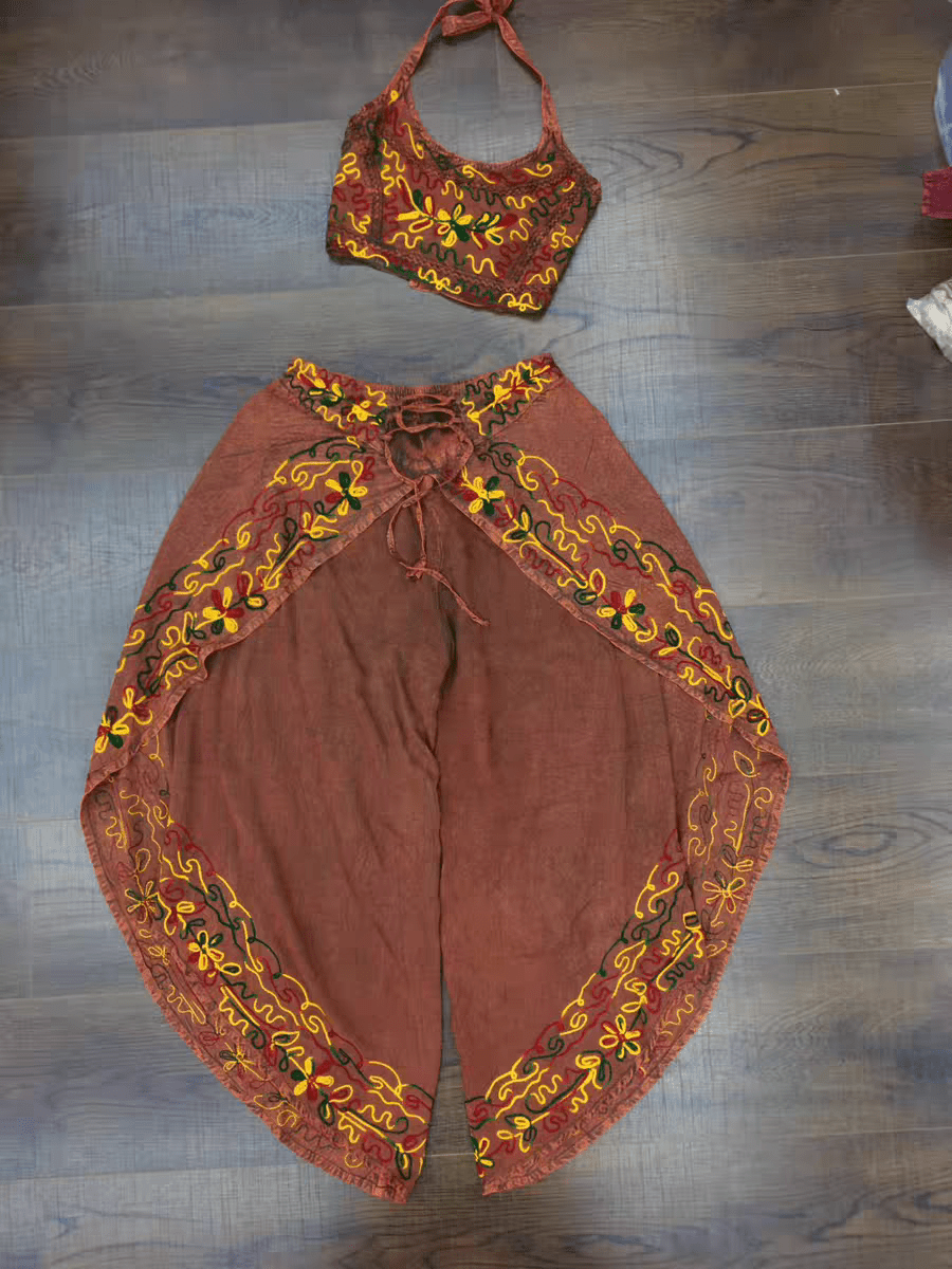 Handmade Botanical Tie - Dye Boho Embroidered Cotton Silk Set – Fairy Cami Top & Wide Leg Pants Summer Outfit (Coffee） - MYSILVERWIND