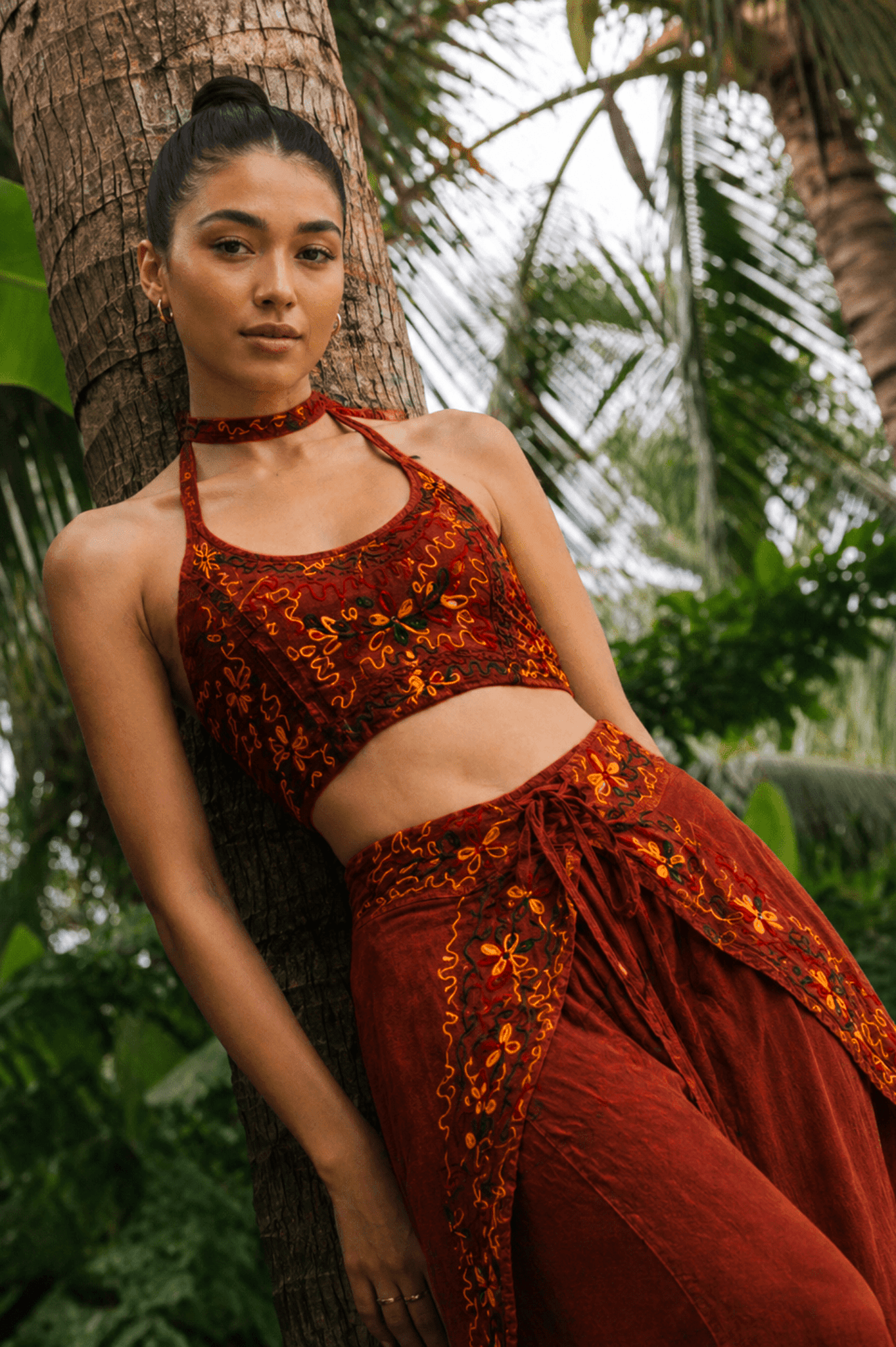 Handmade Botanical Tie-Dye Boho Embroidered Cotton Silk Set – Fairy Cami Top & Wide Leg Pants Summer Outfit (Coffee Red） - MYSILVERWIND