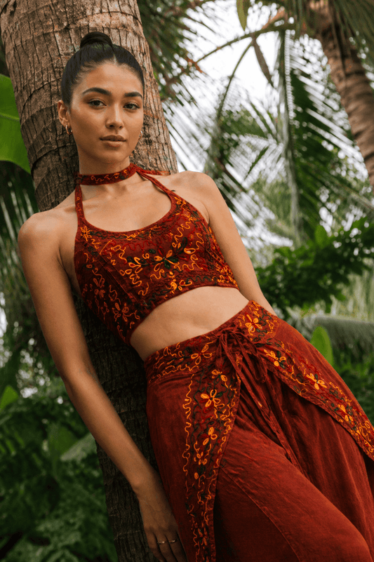 Handmade Botanical Tie-Dye Boho Embroidered Cotton Silk Set – Fairy Cami Top & Wide Leg Pants Summer Outfit (Coffee Red） - MYSILVERWIND
