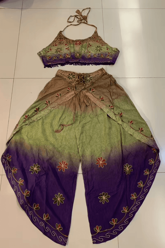 Handmade Botanical Tie - Dye Boho Embroidered Cotton Silk Set – Fairy Cami Top & Wide Leg Pants Summer Outfit (Green） - MYSILVERWIND