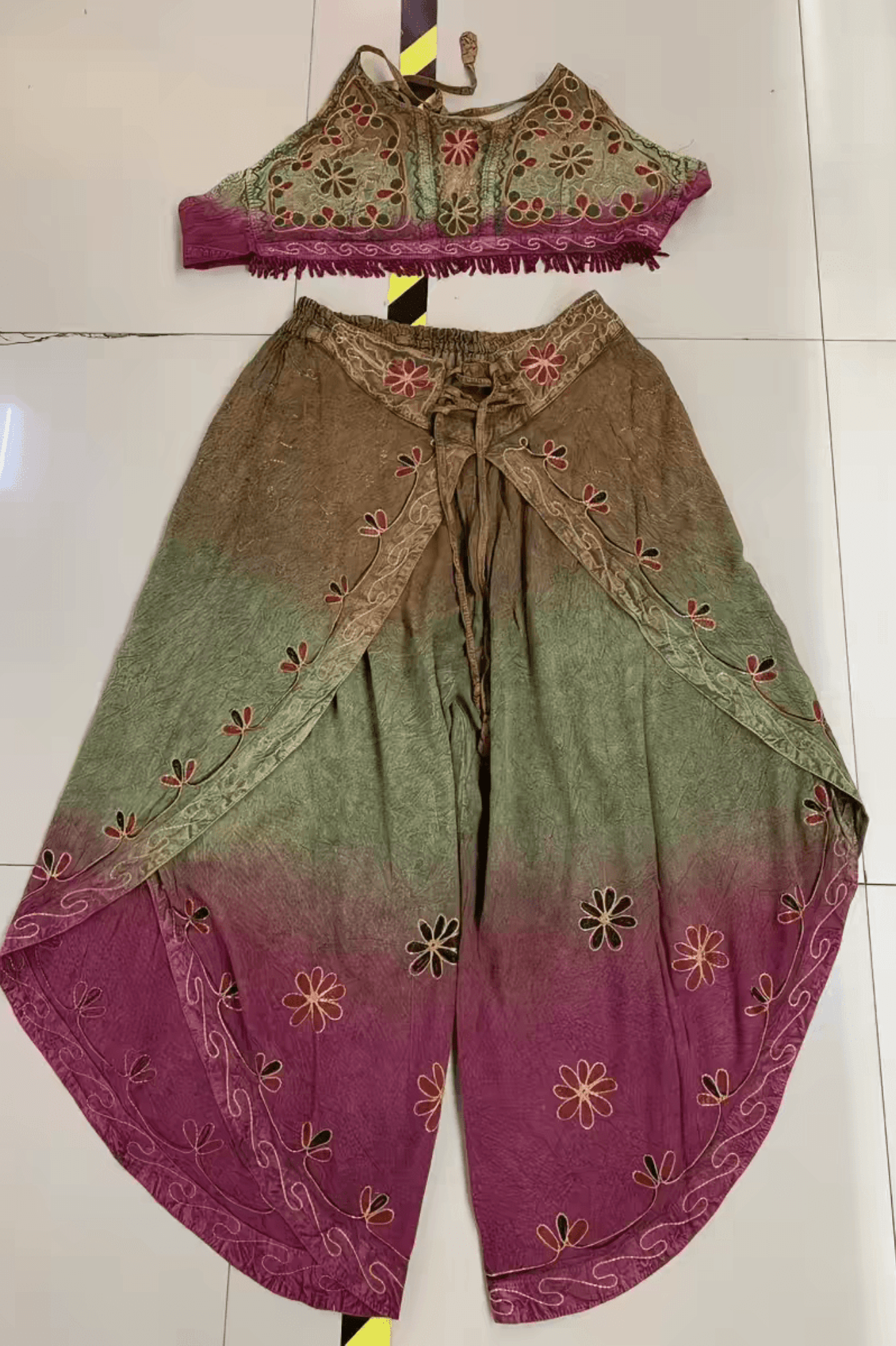 Handmade Botanical Tie - Dye Boho Embroidered Cotton Silk Set – Fairy Cami Top & Wide Leg Pants Summer Outfit (Pink) - MYSILVERWIND