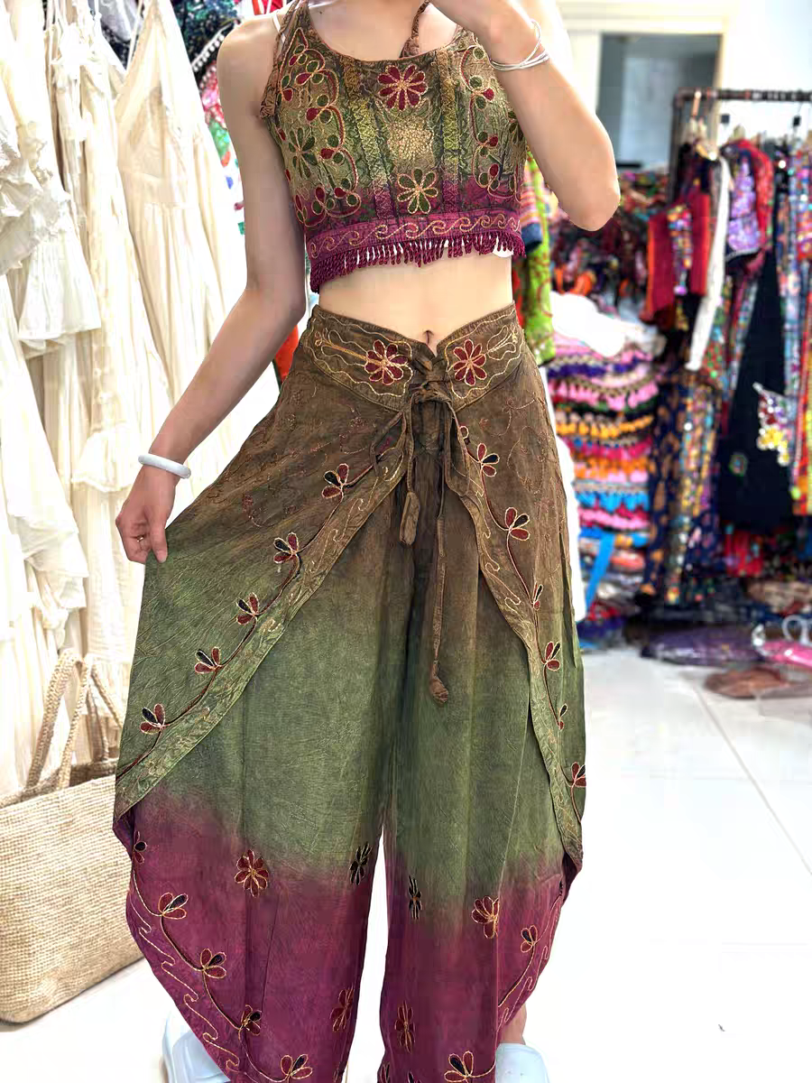 Handmade Botanical Tie - Dye Boho Embroidered Cotton Silk Set – Fairy Cami Top & Wide Leg Pants Summer Outfit (Pink) - MYSILVERWIND