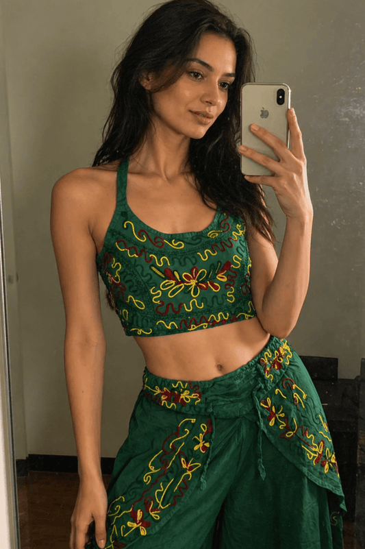 Handmade Botanical Tie - Dye Boho Embroidered Cotton Silk Set – Fairy Cami Top & Wide Leg Pants Summer Outfit (Pure Green) - MYSILVERWIND