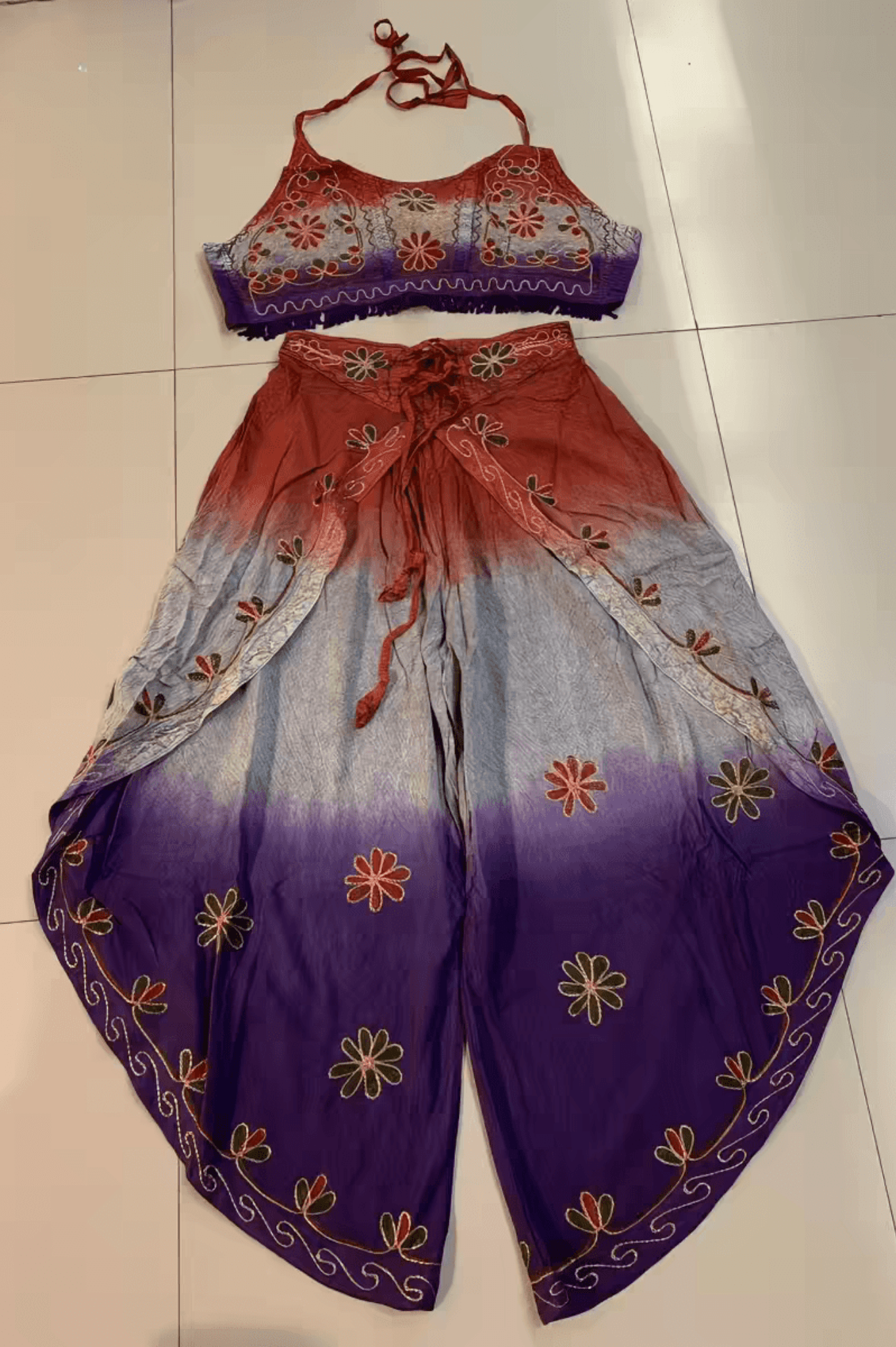 Handmade Botanical Tie - Dye Boho Embroidered Cotton Silk Set – Fairy Cami Top & Wide Leg Pants Summer Outfit (Purple) - MYSILVERWIND