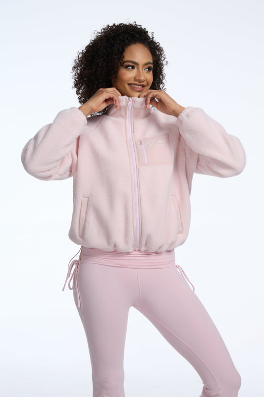 Heavyweight Lamb Fleece Stand Collar Zip - up Loose - fit Jacket - Pink - MYSILVERWIND
