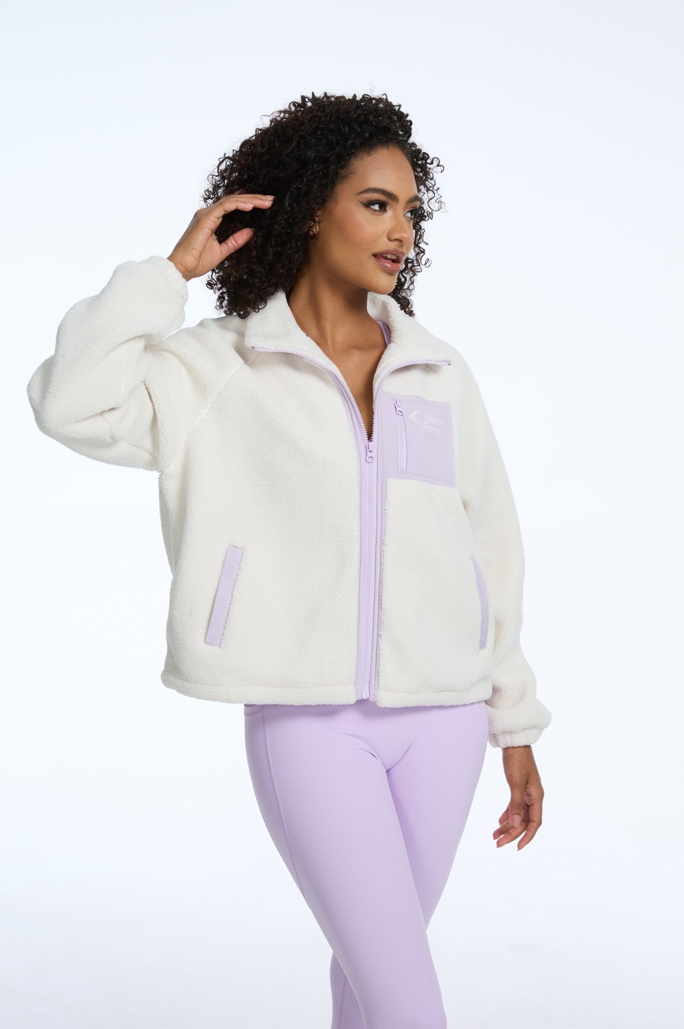 Heavyweight Lamb Fleece Stand Collar Zip - up Loose - fit Jacket - White Purple - MYSILVERWIND