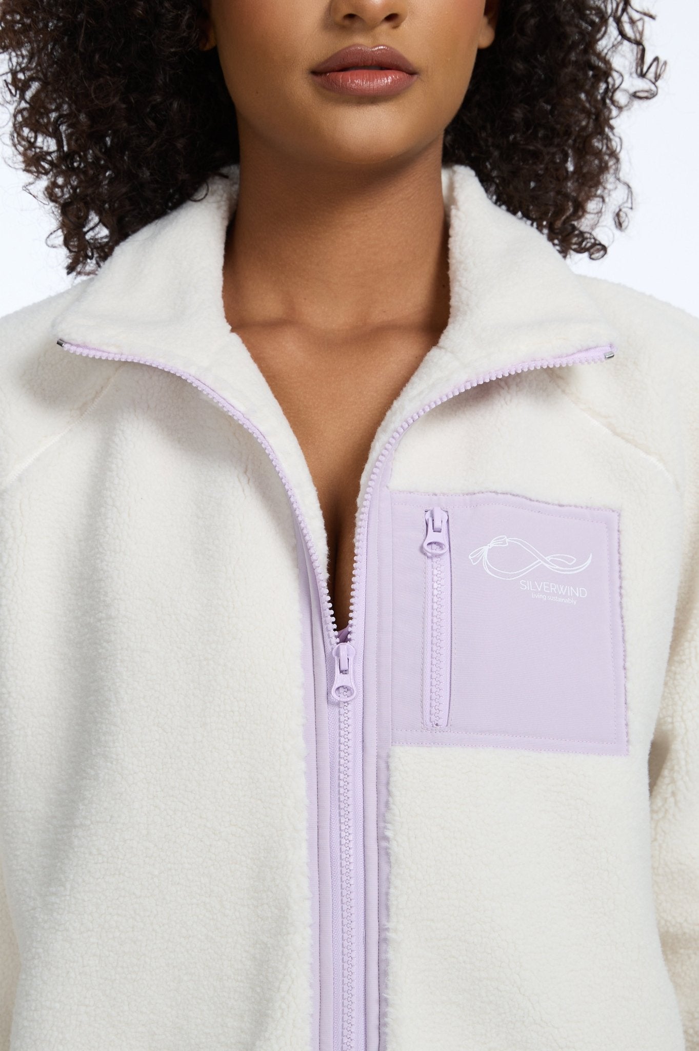 Heavyweight Lamb Fleece Stand Collar Zip - up Loose - fit Jacket - White Purple - MYSILVERWIND