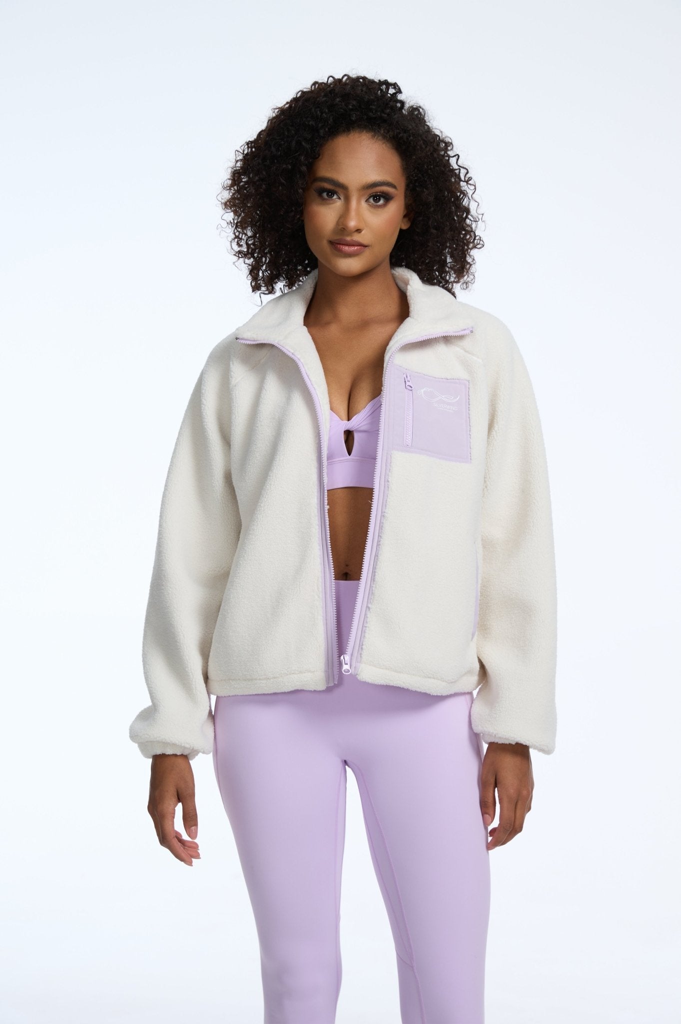 Heavyweight Lamb Fleece Stand Collar Zip - up Loose - fit Jacket - White Purple - MYSILVERWIND