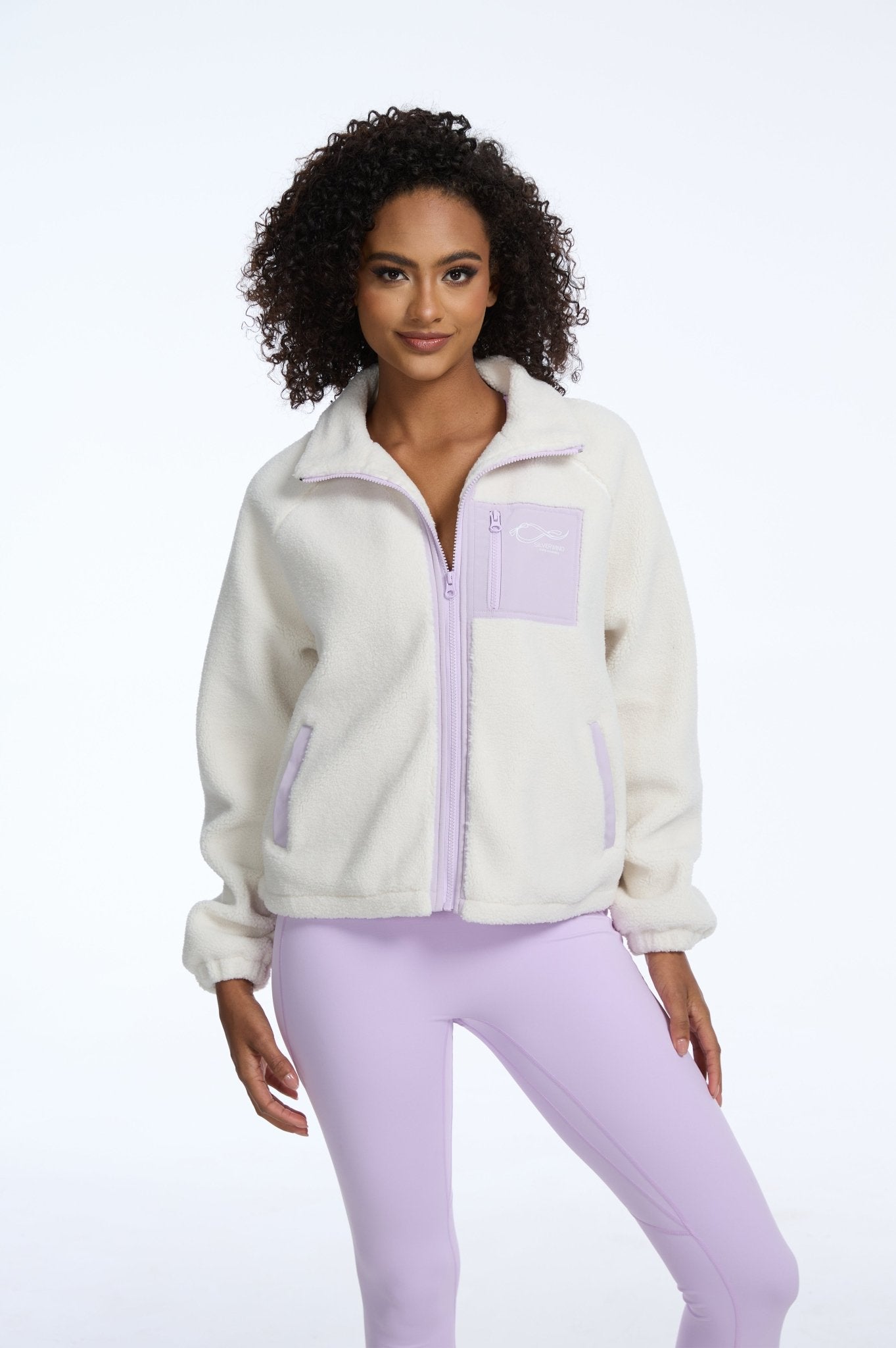 Heavyweight Lamb Fleece Stand Collar Zip - up Loose - fit Jacket - White Purple - MYSILVERWIND