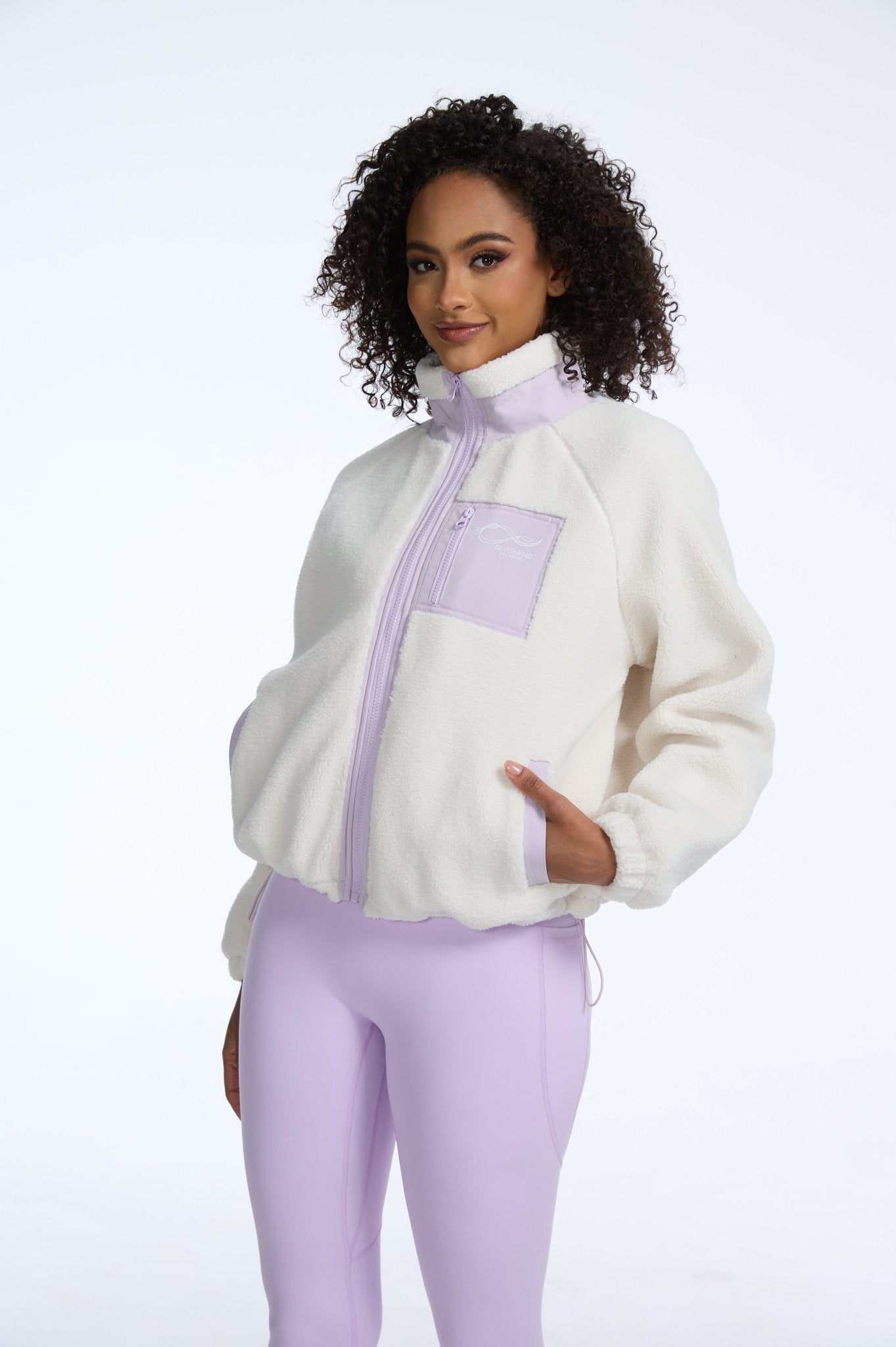 Heavyweight Lamb Fleece Stand Collar Zip - up Loose - fit Jacket - White Purple - MYSILVERWIND