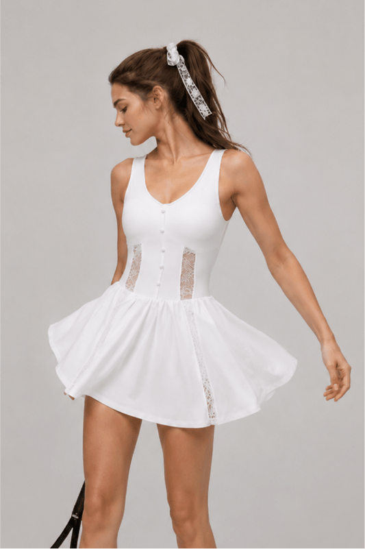 Lacelle Lace-Trim U-Neck Padded Tennis Dress - MYSILVERWIND