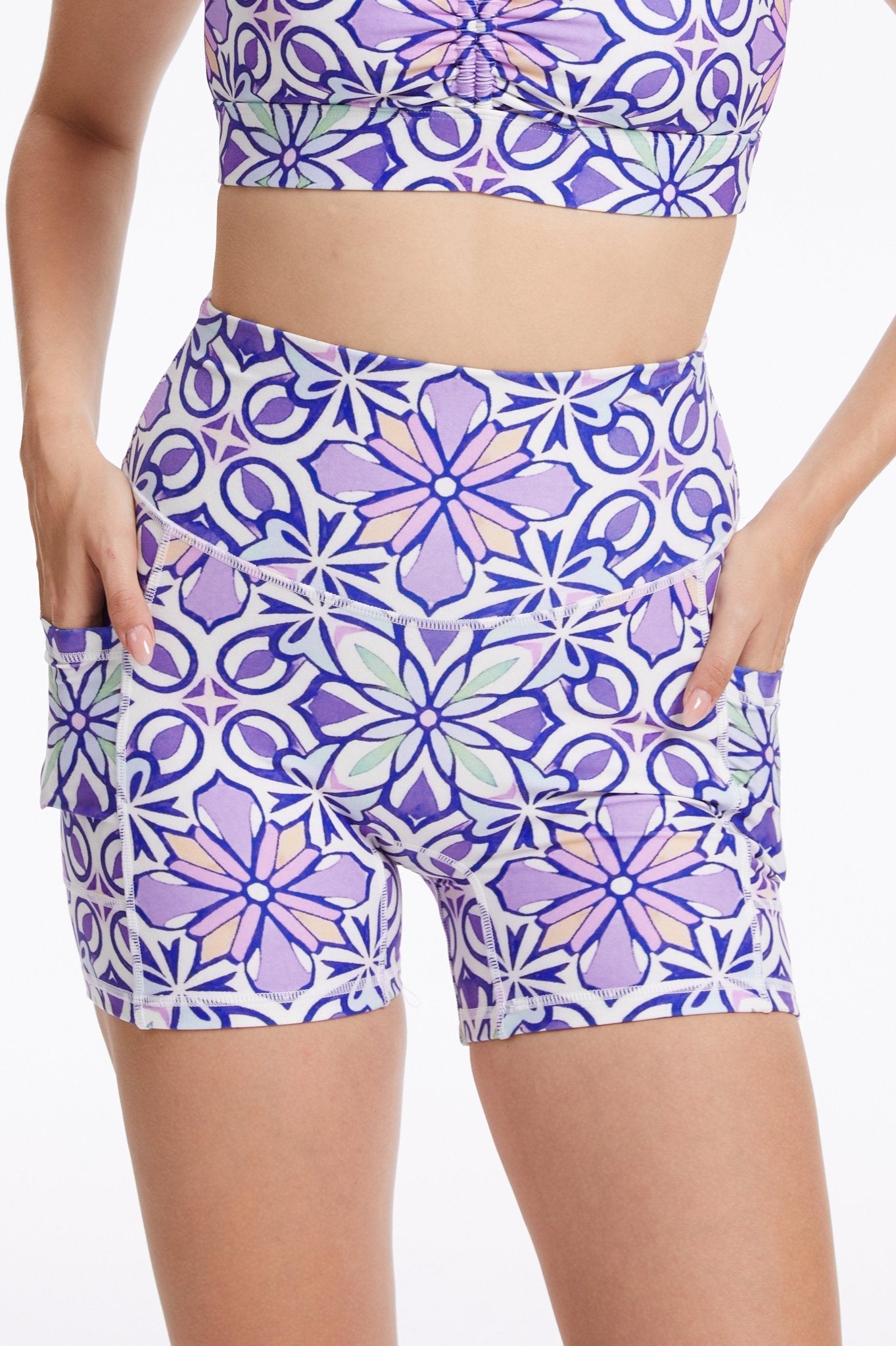 Lavender Petals High - Waisted Shorts With Pockets - MYSILVERWIND