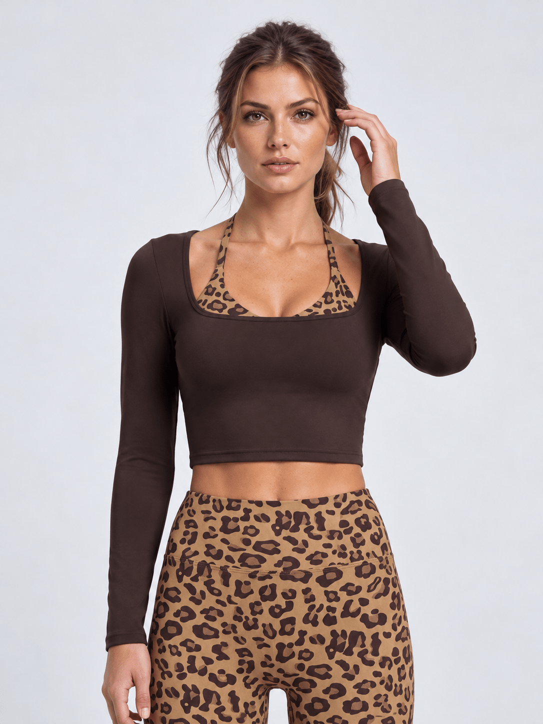 Leovelle Leopard-Print Layered Long-Sleeve Yoga Top - MYSILVERWIND