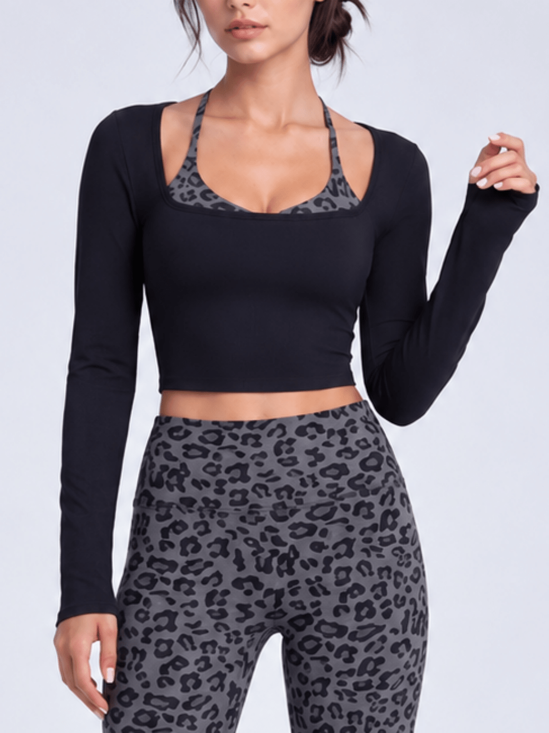 Leovelle Leopard-Print Layered Long-Sleeve Yoga Top - MYSILVERWIND