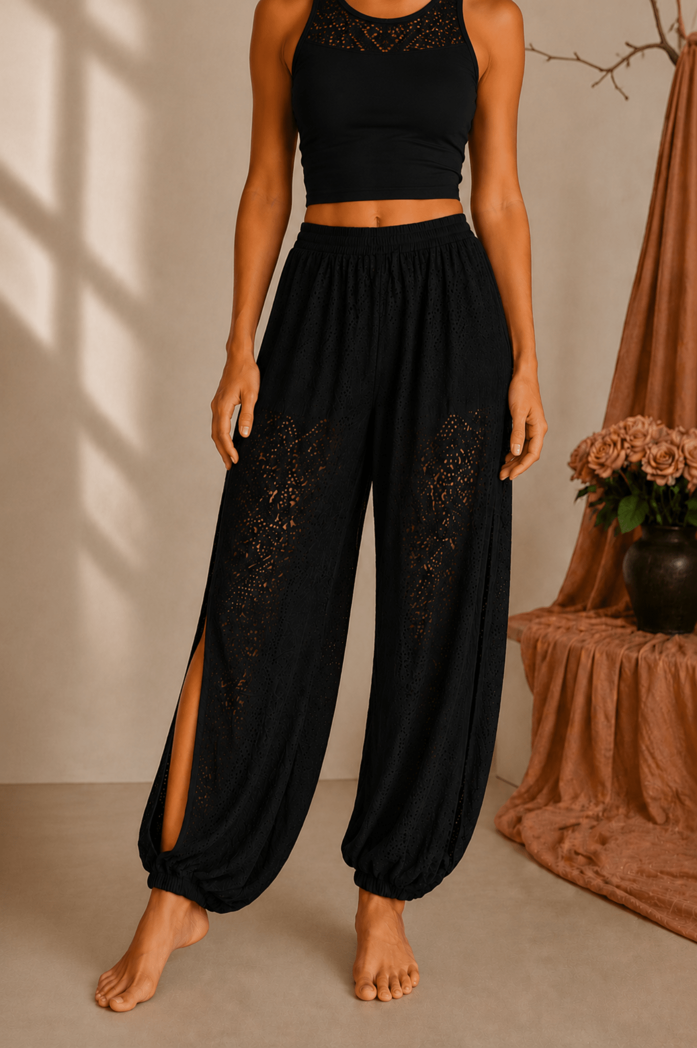 Ornate Flow Paisley Lace Sheer Cropped Pants - Black - MYSILVERWIND