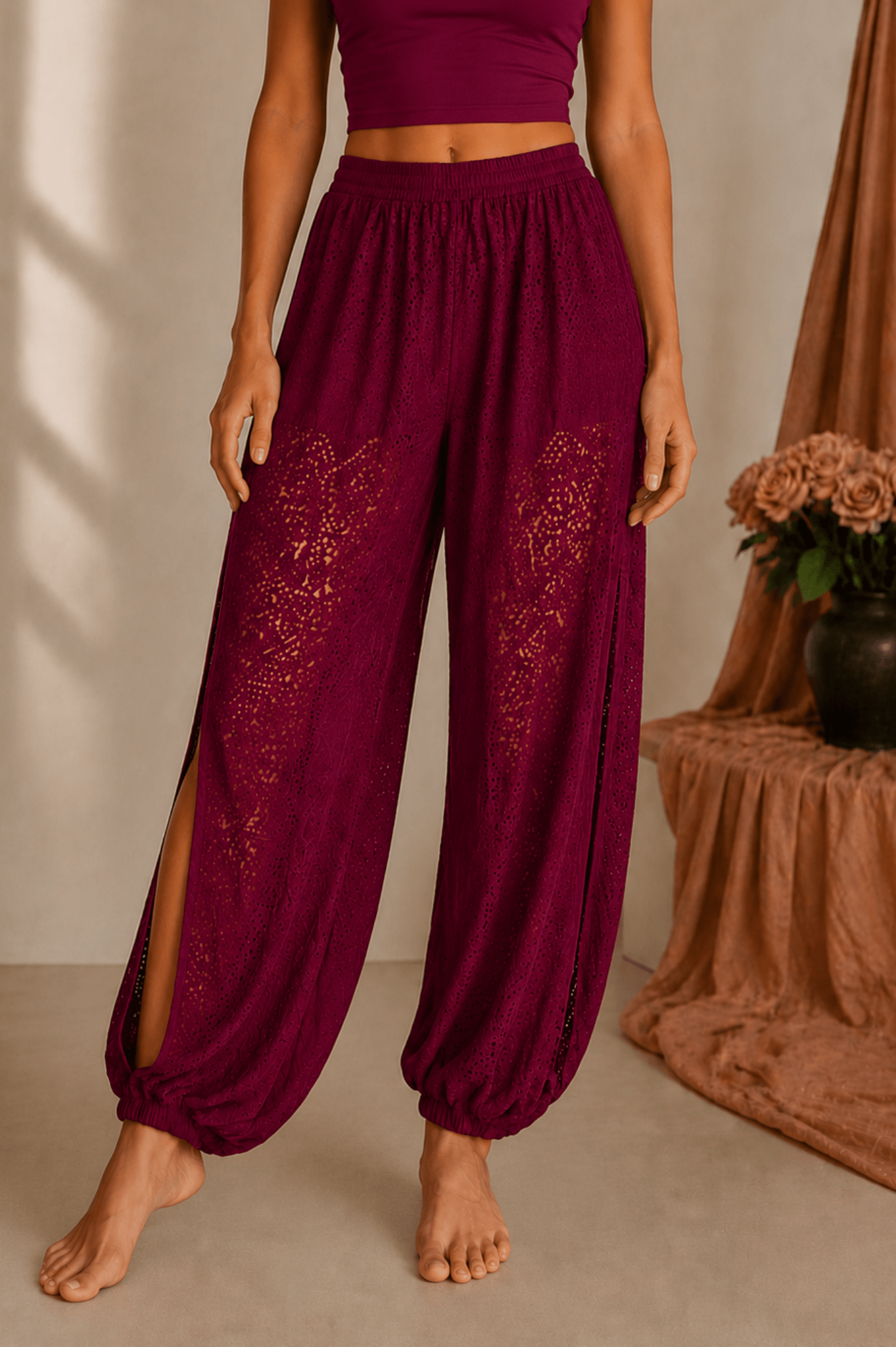 Ornate Flow Paisley Lace Sheer Cropped Pants - Magenta - MYSILVERWIND