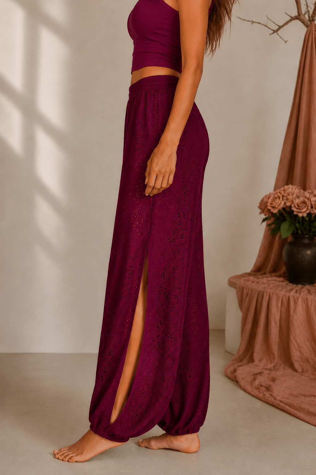Ornate Flow Paisley Lace Sheer Cropped Pants - Magenta - MYSILVERWIND