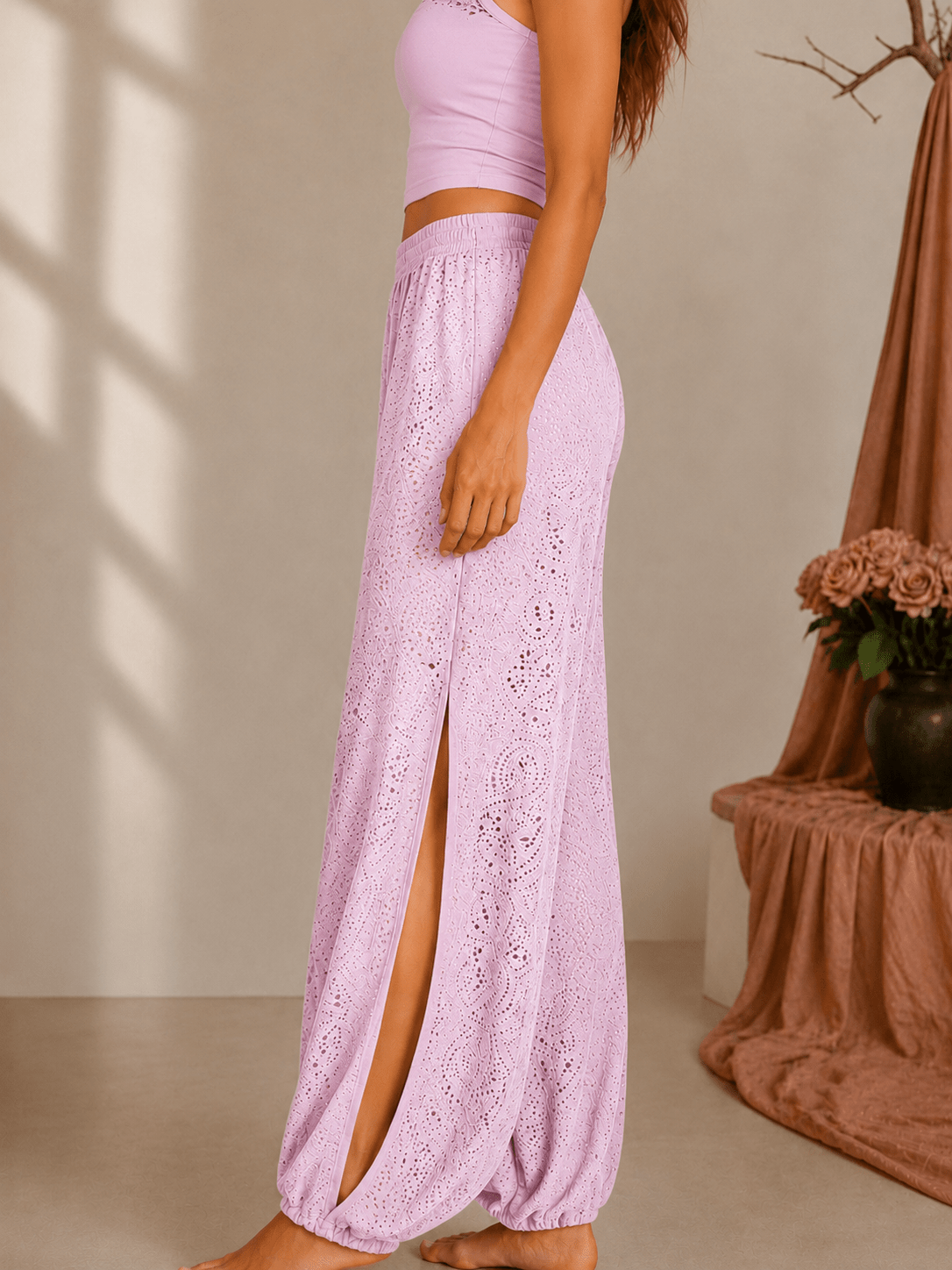 Ornate Flow Paisley Lace Sheer Cropped Pants - Pink - MYSILVERWIND