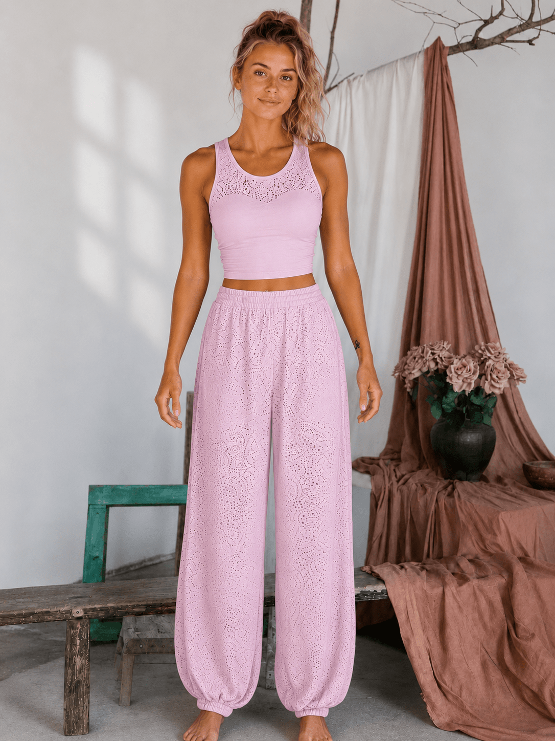 Ornate Flow Paisley Lace Sheer Cropped Pants - Pink - MYSILVERWIND