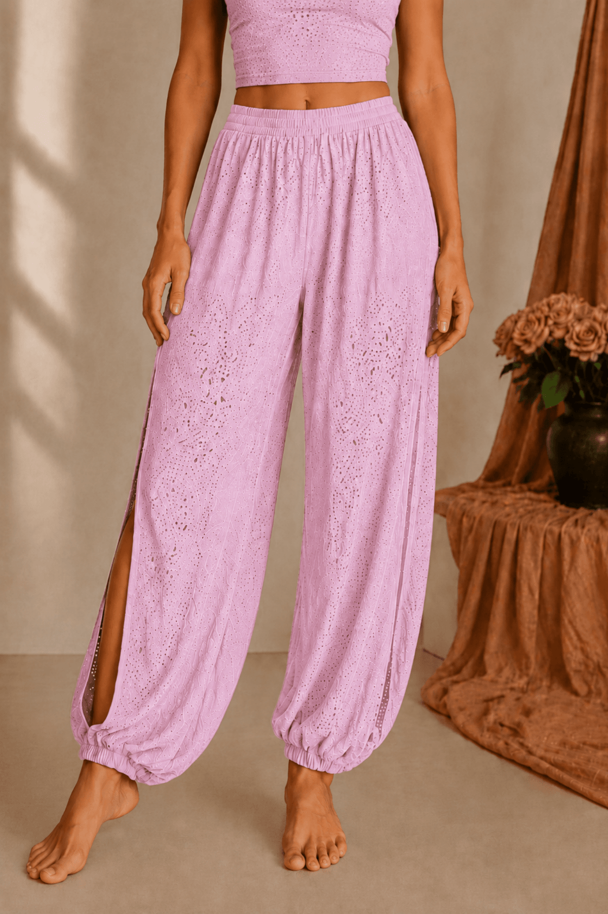 Ornate Flow Paisley Lace Sheer Cropped Pants - Pink - MYSILVERWIND