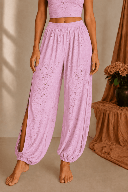 Ornate Flow Paisley Lace Sheer Cropped Pants - Pink - MYSILVERWIND