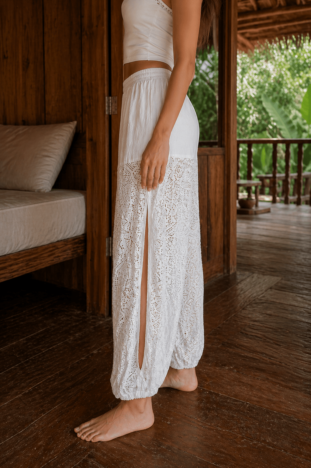 Ornate Flow Paisley Lace Sheer Pants - White - MYSILVERWIND