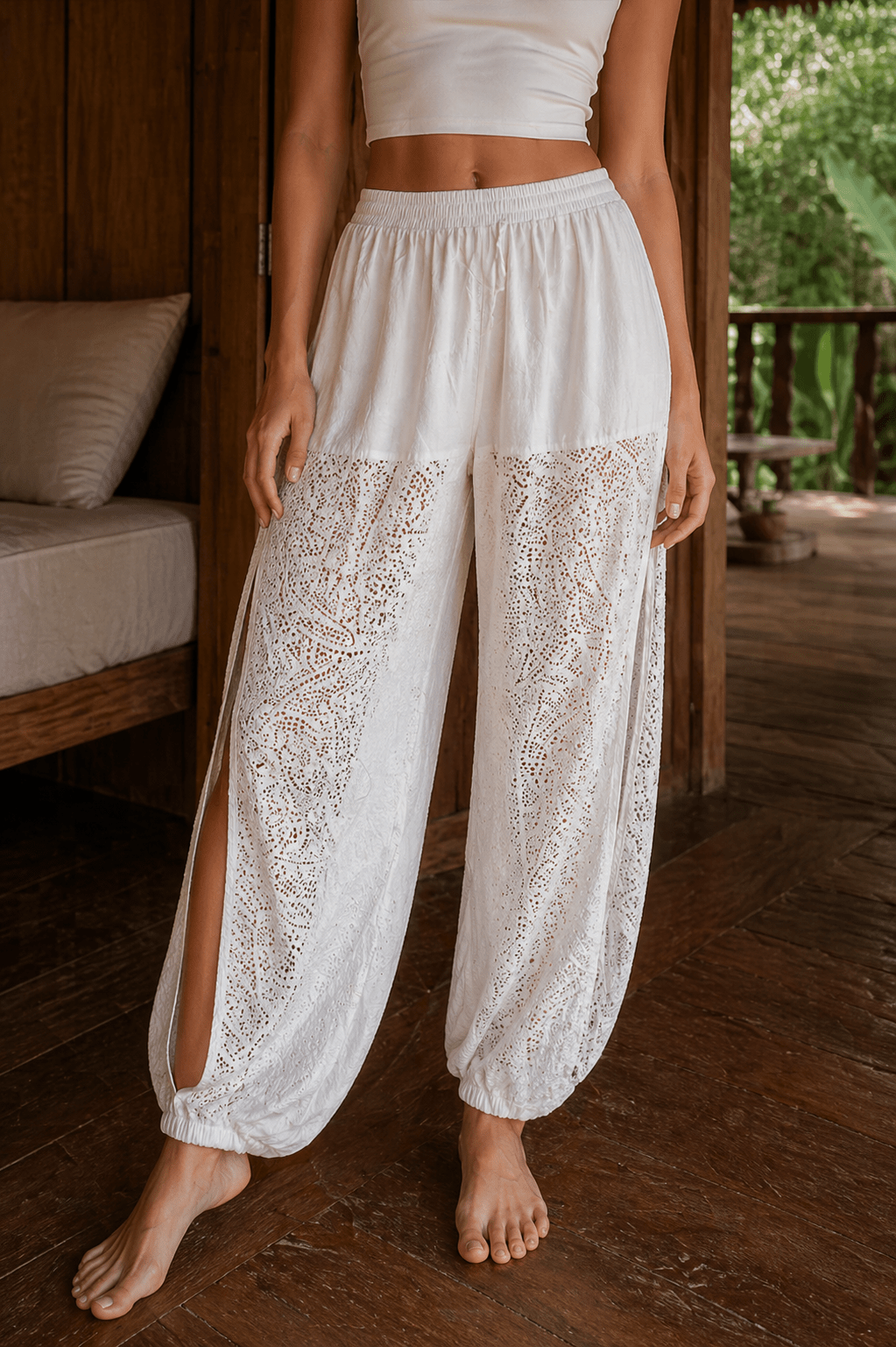 Ornate Flow Paisley Lace Sheer Pants - White - MYSILVERWIND