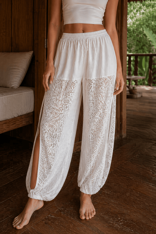 Ornate Flow Paisley Lace Sheer Pants - White - MYSILVERWIND