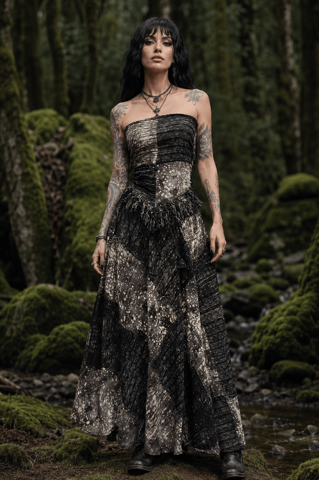 Shadow Ash Patchwork Strapless Maxi Dress - MYSILVERWIND