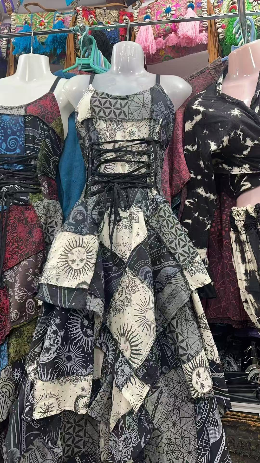 Sunspell Handmade Botanical Tie-Dye Patchwork Lace-Up Dress - MYSILVERWIND