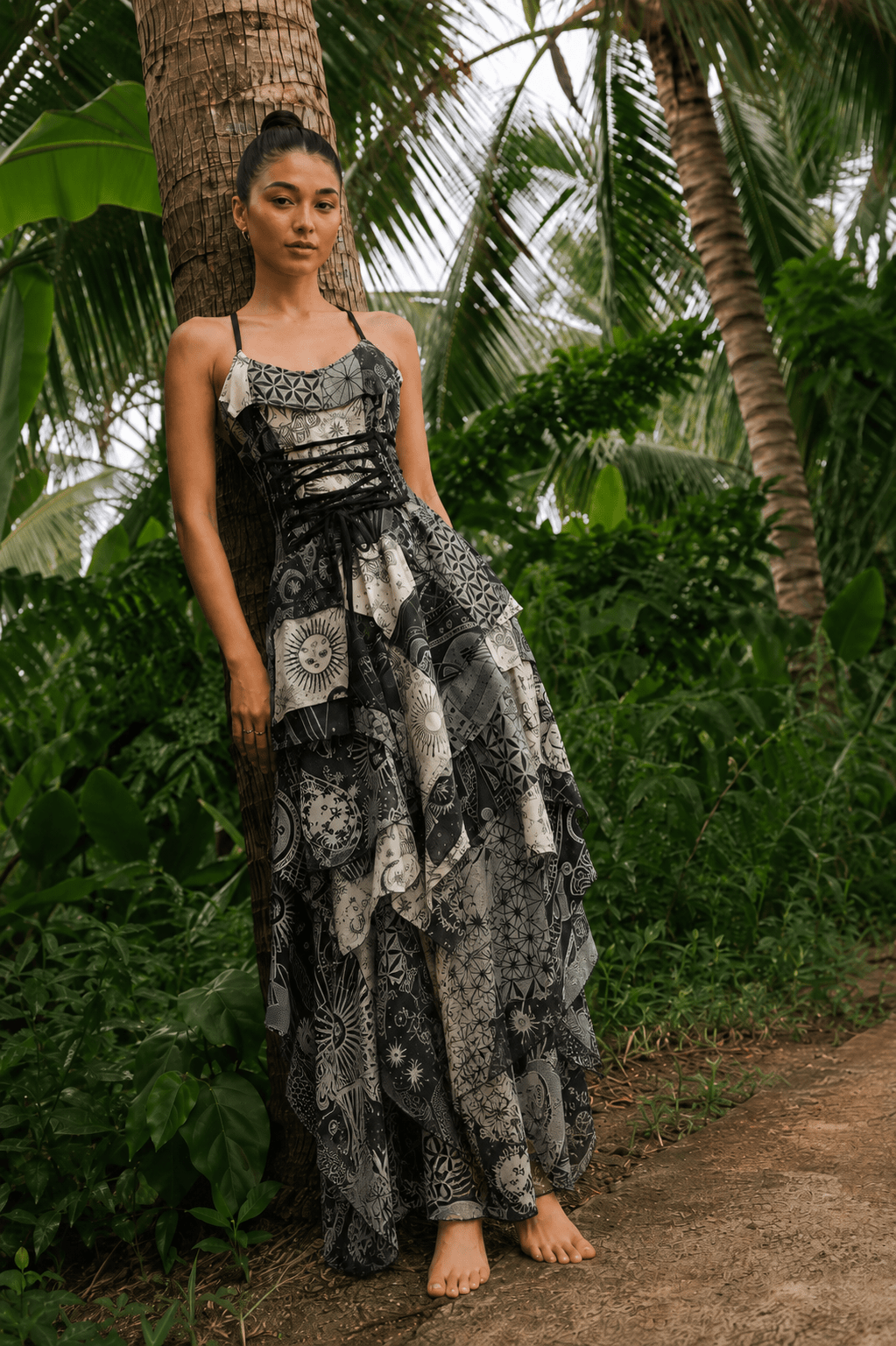 Sunspell Handmade Botanical Tie-Dye Patchwork Lace-Up Dress - MYSILVERWIND