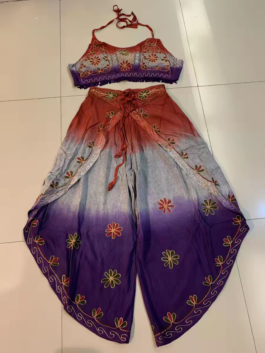 Handmade Botanical Tie-Dye Boho Embroidered Cotton Silk Set – Fairy Cami Top & Wide Leg Pants Summer Outfit (Purple)