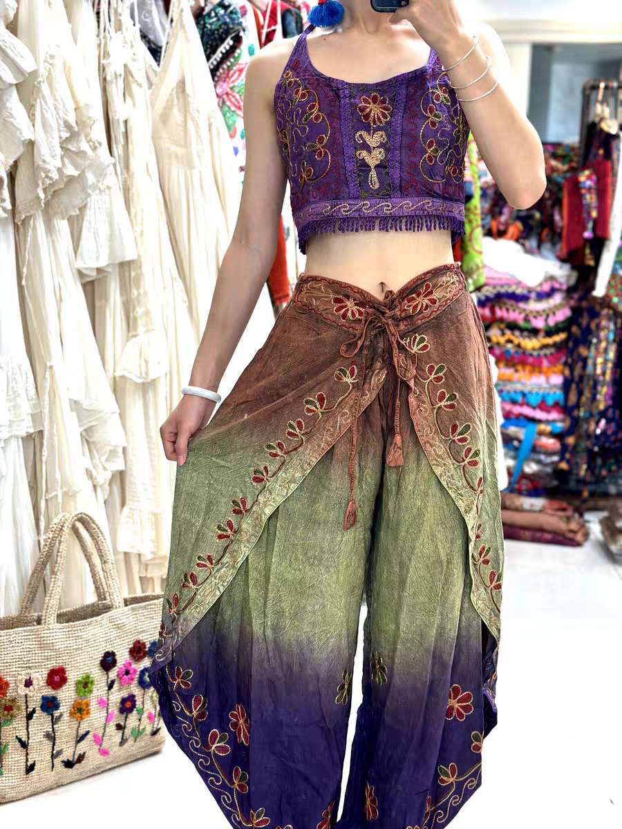 Handmade Botanical Tie-Dye Boho Embroidered Cotton Silk Set – Fairy Cami Top & Wide Leg Pants Summer Outfit (Green）