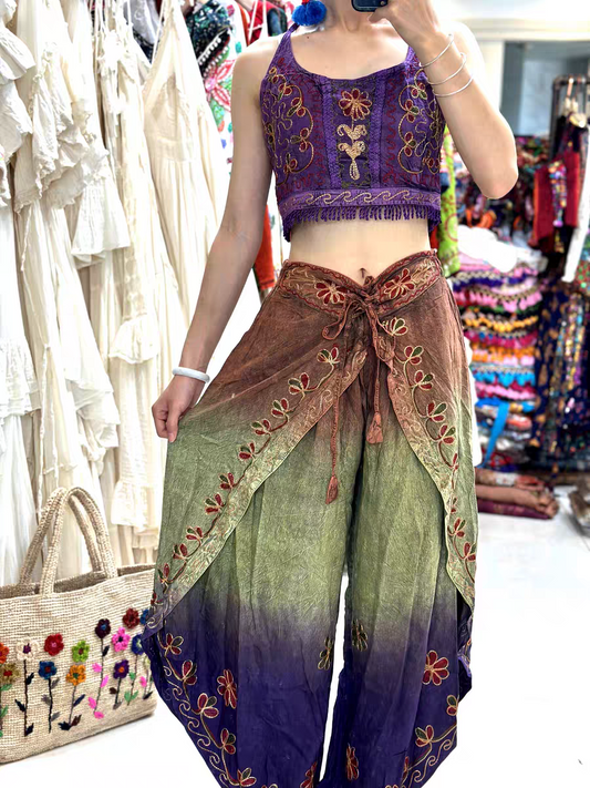Handmade Botanical Tie-Dye Boho Embroidered Cotton Silk Set – Fairy Cami Top & Wide Leg Pants Summer Outfit (Green）