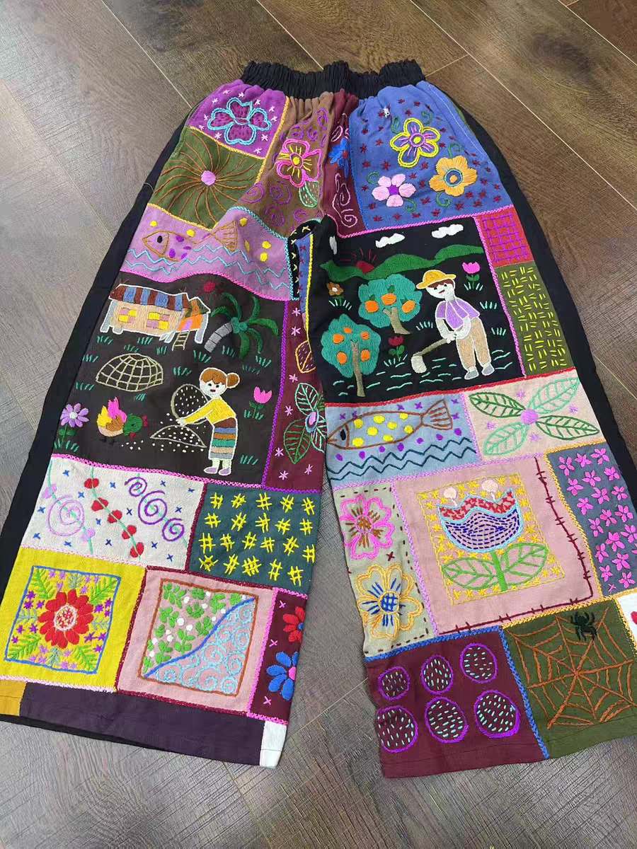 Boho Patchwork Embroidered Pants – Handmade in Chiang Mai