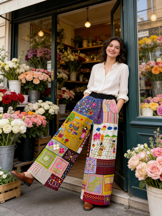 Boho Patchwork Embroidered Pants – Handmade in Chiang Mai