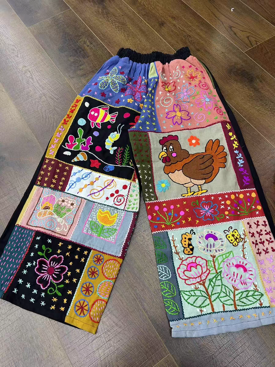 Boho Patchwork Embroidered Pants – Handmade in Chiang Mai