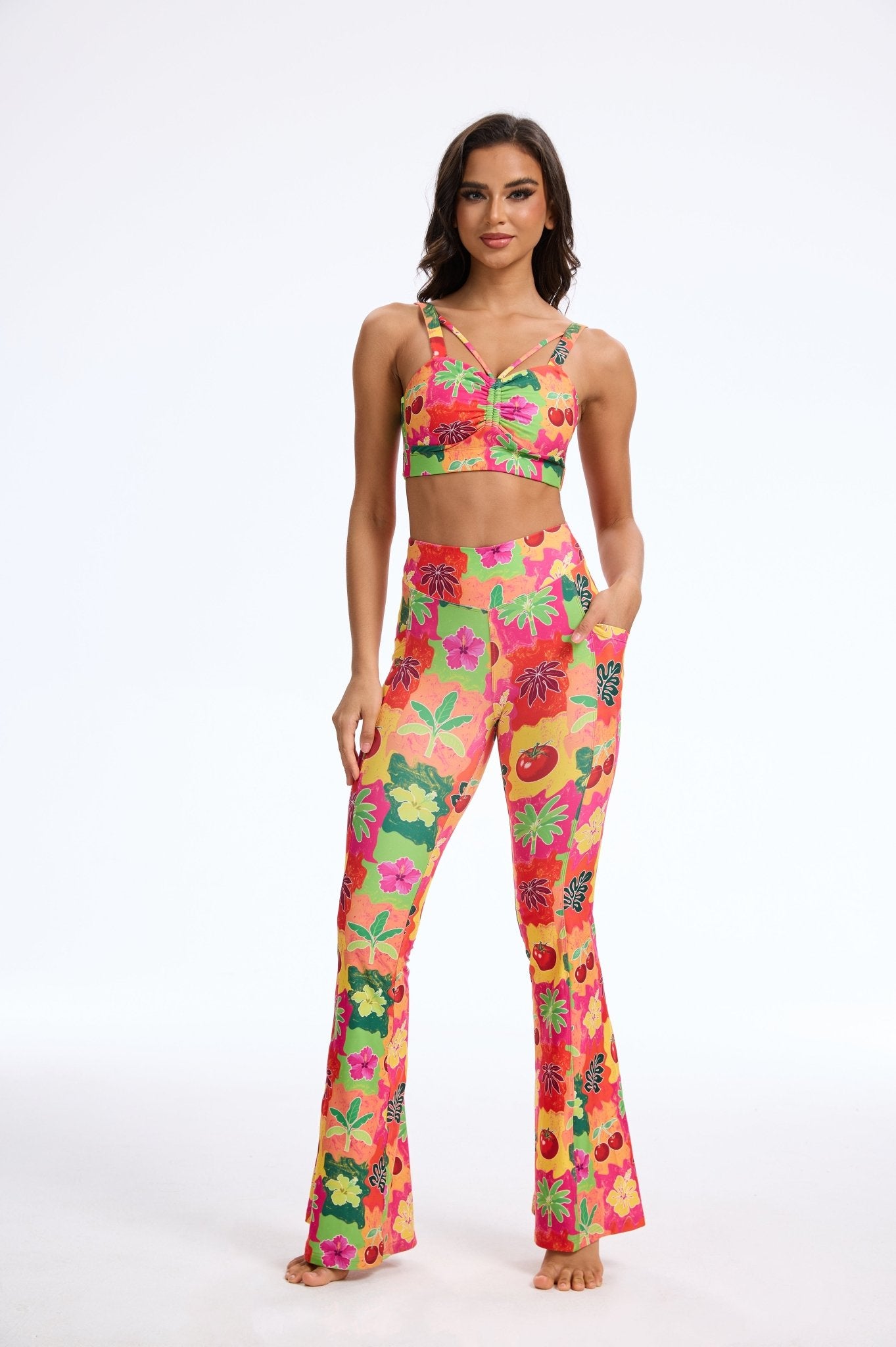 Wild Tropic Mid - waisted Flare Leggings with Pockets - MYSILVERWIND