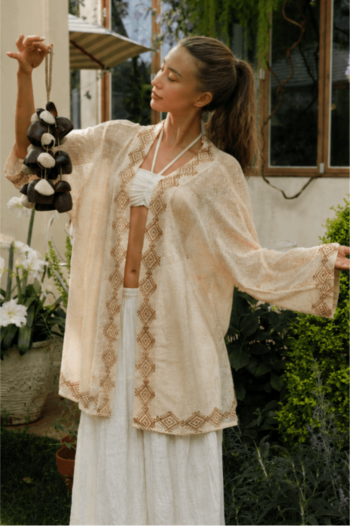 Zenara Hand-Printed Linen Openwork Kimono Cardigan - MYSILVERWIND